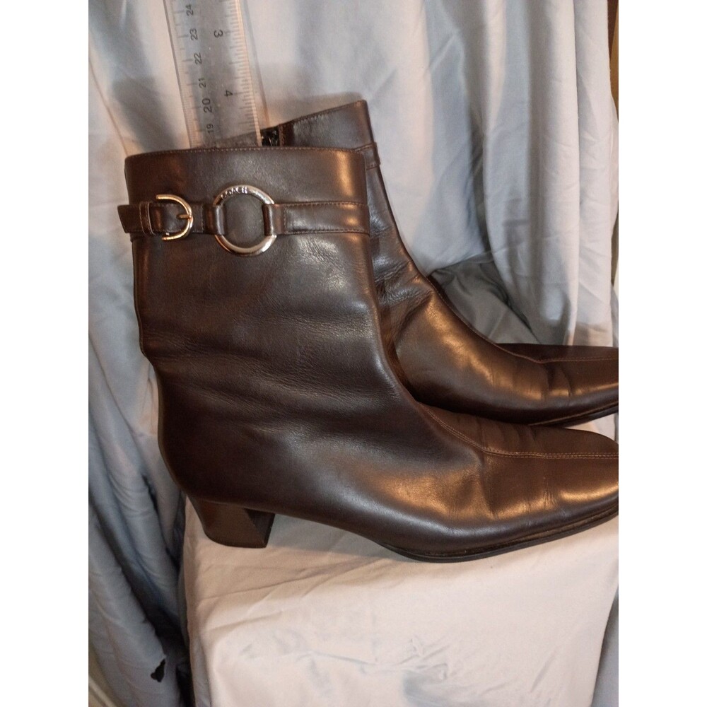 Coach Irena Ankle Boots Chocolate Brown Silver Logo Buckle Sz 9 B